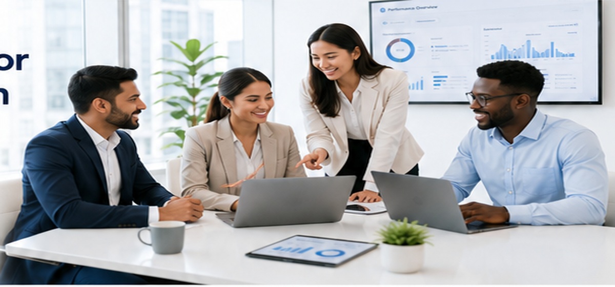 Business team reviewing performance and operations