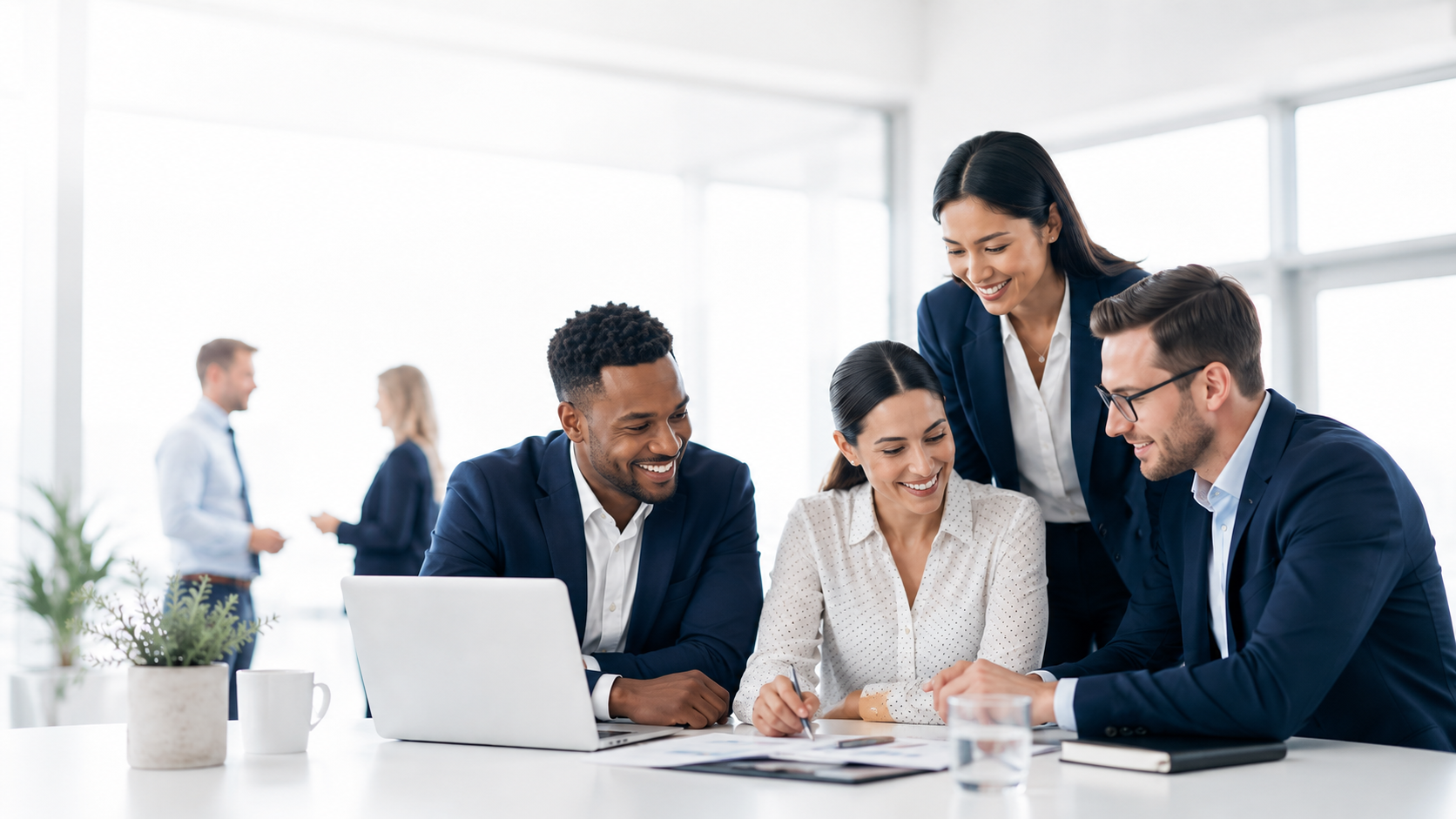 Business support professionals collaborating in a bright office